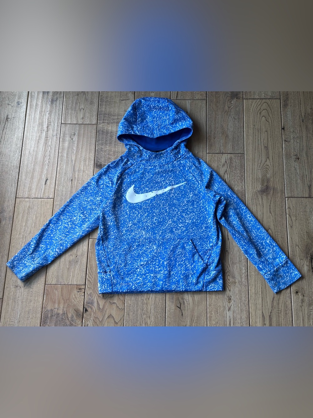 Nike Dri-Fit Blue with White Splatter Swoosh Hoodie size Small